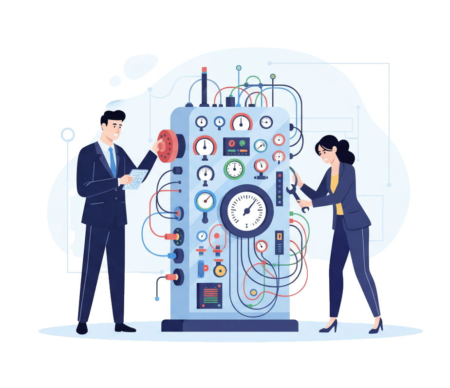 Two people making changes to a complex machine