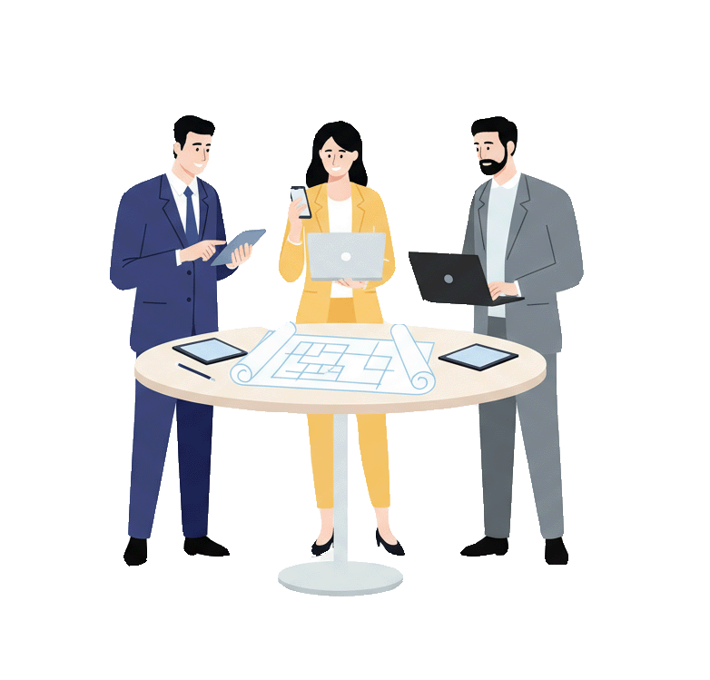Three people communicating with one another around a round table with blueprints on it