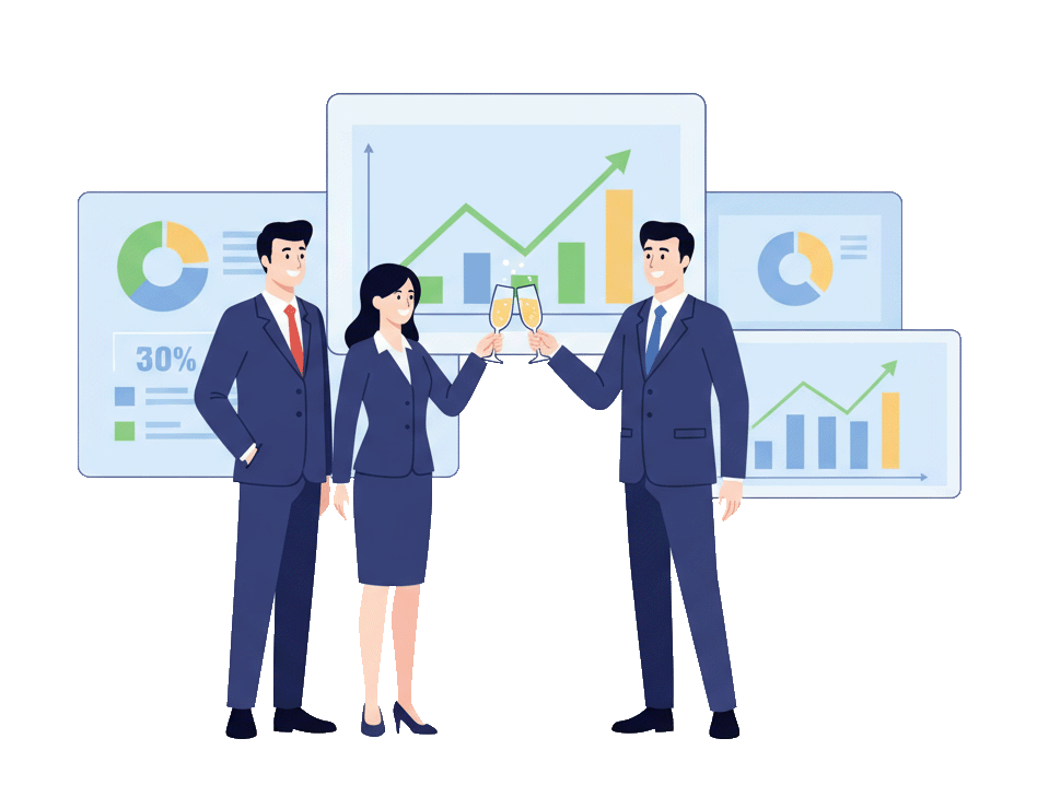 Three people standing and toasting to success, with graphs and charts behind them