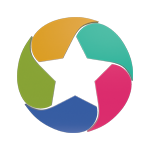 Logo, star made up from overlapping leaves leaning to the right